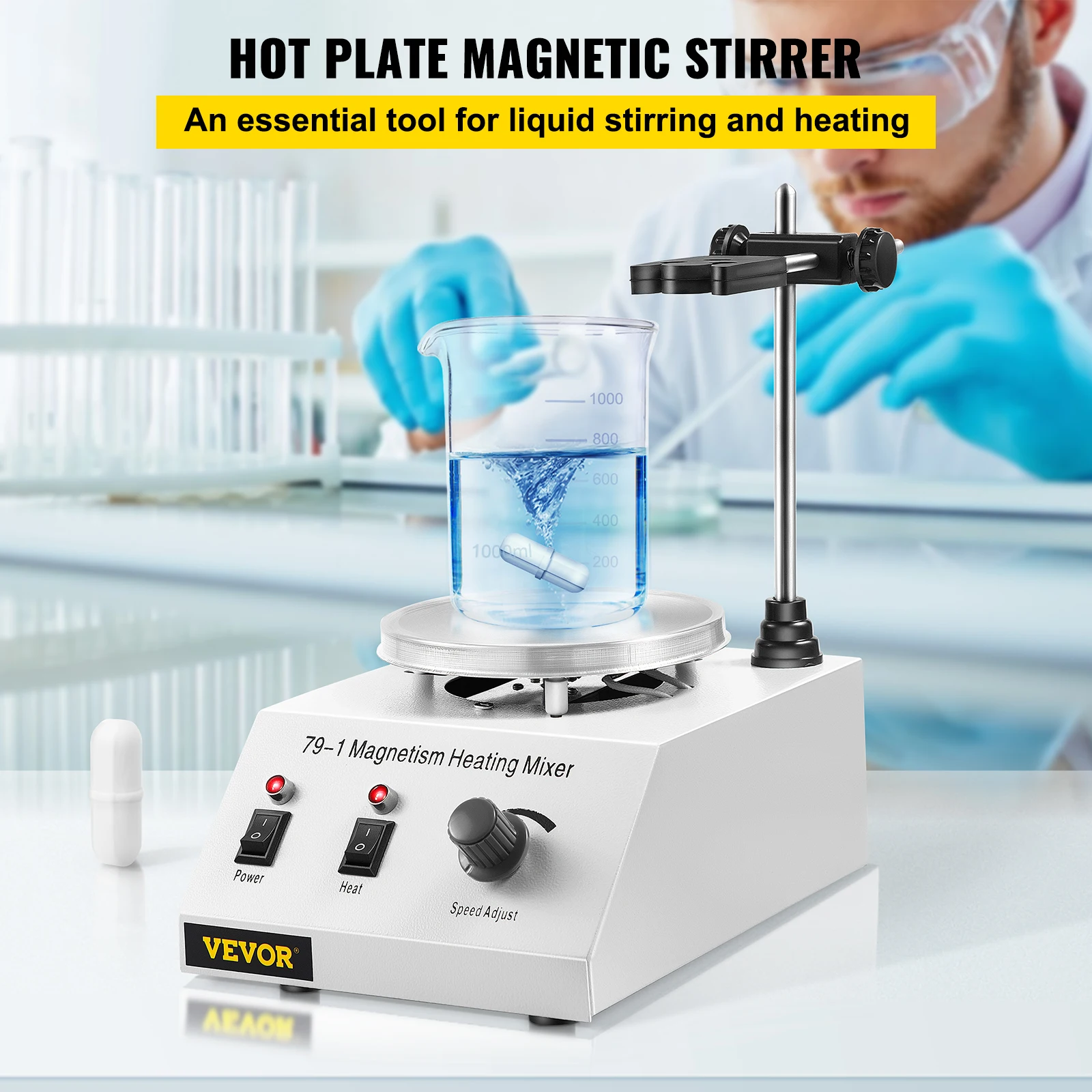 VEVOR 1L Heating Magnetic Stirrer Hot Plate W/ Stir Bar 0-1600R/Min Vortex Mixer Distillation Kit Chemistry Laboratory Equipment