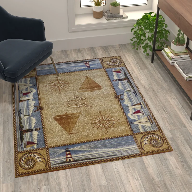 

Living Room Carpet Beige Nautical Themed 3'X5' Area Rug with Jute Backing for Living Room Rugs for Bedroom Home Decor