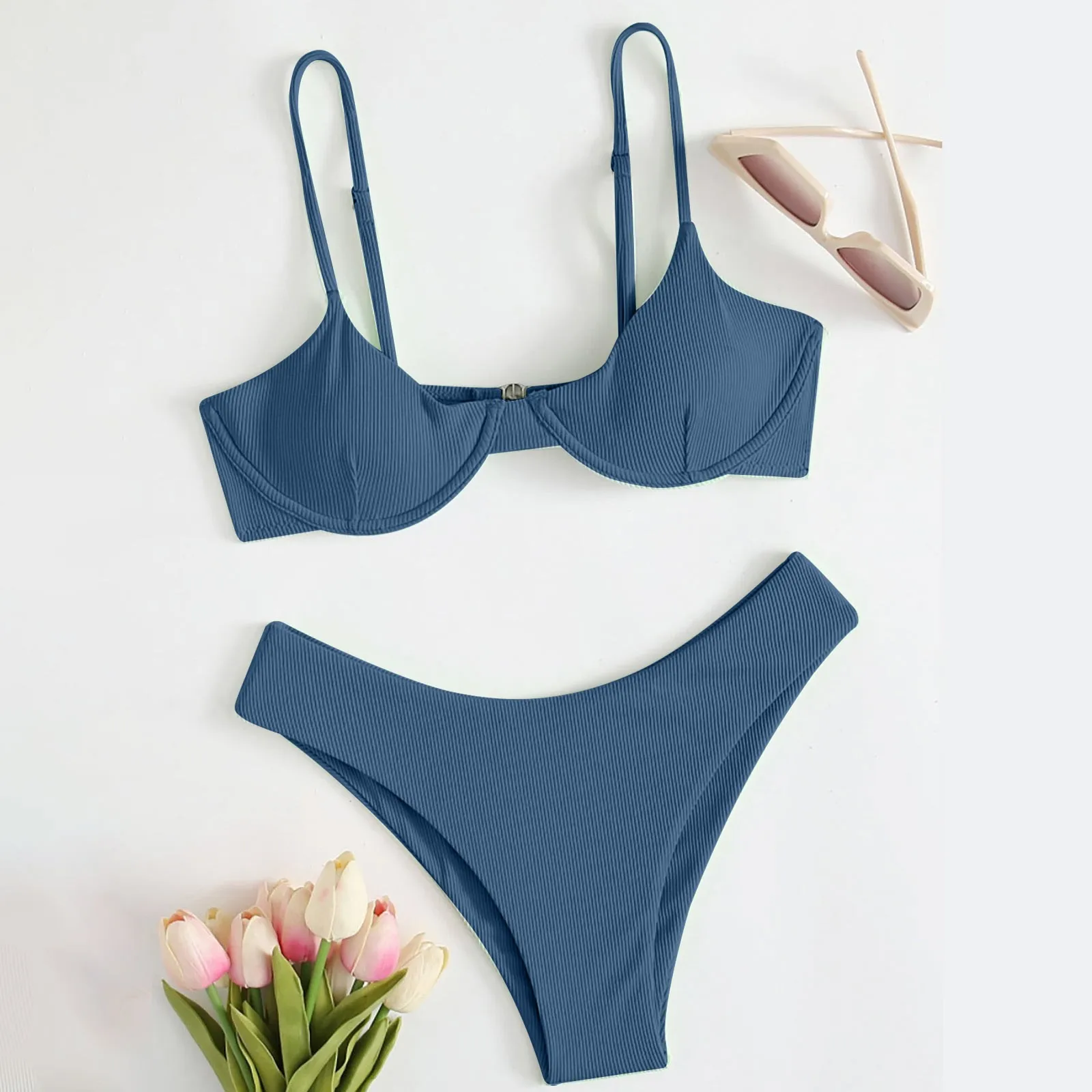 

2022 Hot Split Bikini Push-up Swimsuit Solid Swimwear Sexy Women Bra Bikini Set Swimming Beach Bathing Купальник Женский Tankini