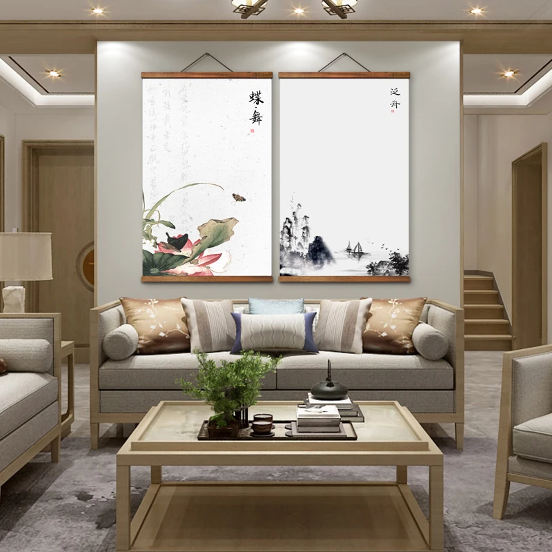 

AS3017 Chinese Style Green Plants Living Room Wall Art Canvas Posters Chinese Solid Wood Scroll Paintings