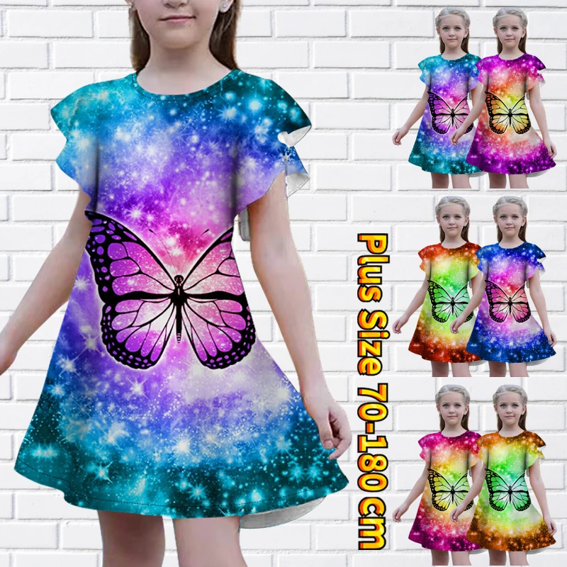 

2023 Summer Little Girl Fashion Skirt Lovely Midi Skirt Short Sleeve Skirt Round Neck New Design Print Dress Knee-length Skirt