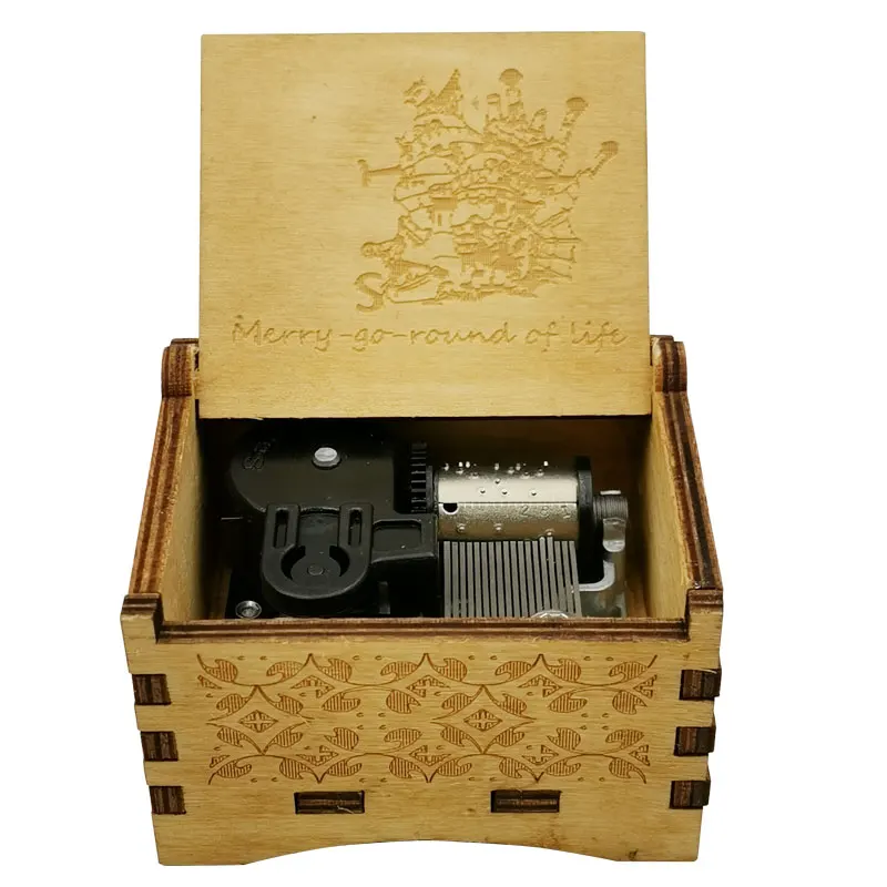 Howl's Wooden Music Box Moving Castle Laser Engraving Clockwork Type /Hand-operated Type Home Decoration Gift