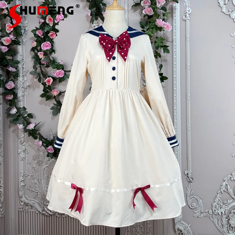 

Lolita Sailor Collar Bow Midi Dress Student 2024 Spring and Autumn New Preppy Style Op High Waist Long Sleeve Dresses for Women