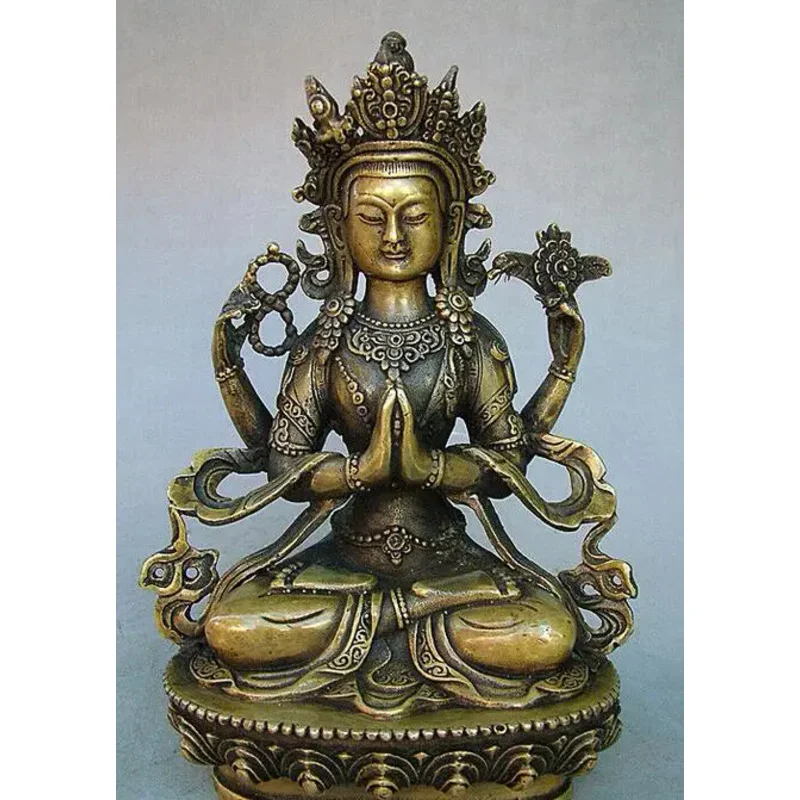 

8.4" Old Antique Chinese Brass Bronze Tibet Four arm Guanyin Buddha Statue