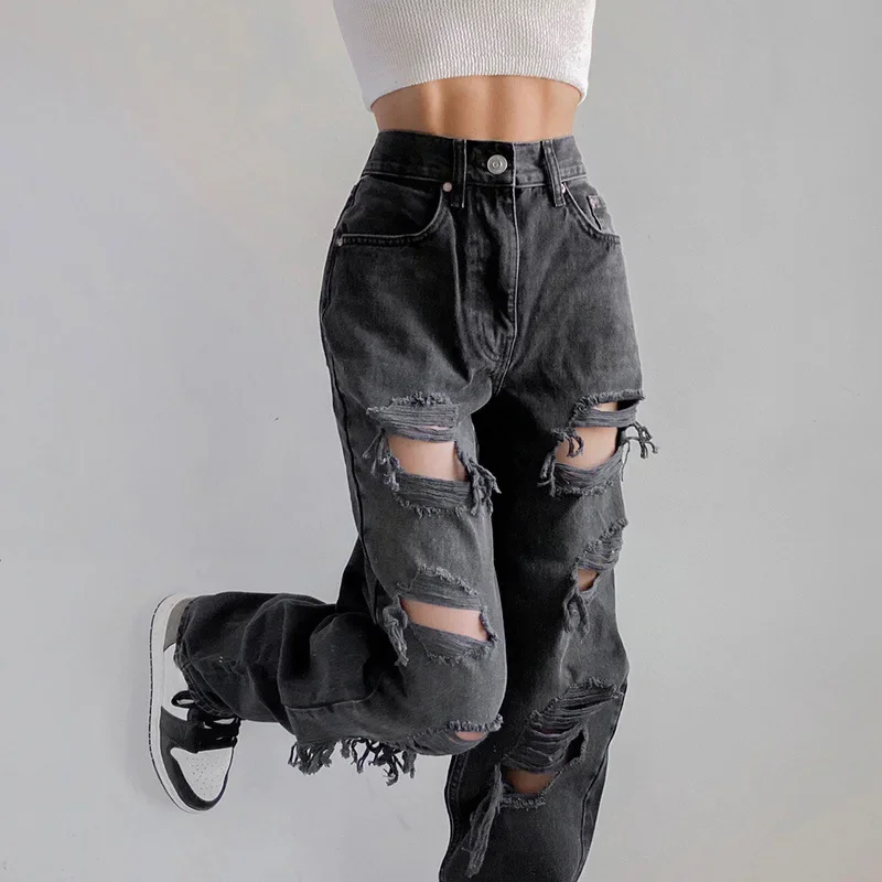 Women Baggy Jeans Punk Style Retro Graphic Streetwear Black High Waist Denim Pants Y2K Wide Leg Casual Ripped Hole Trousers