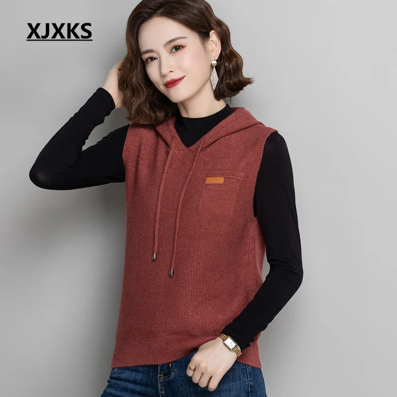 

XJXKS 2022 Autumn And Winter Latest Women's Vest Fashion Hooded Wool Knitted Sleeveless Sweater Female Pullover