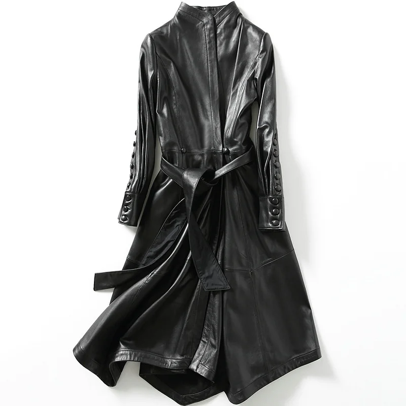 

Fashion Black Leather Jacket Women Clothing Autumn Korean Belt High Waist Slim Long Coat Female's Winter Trench FCY