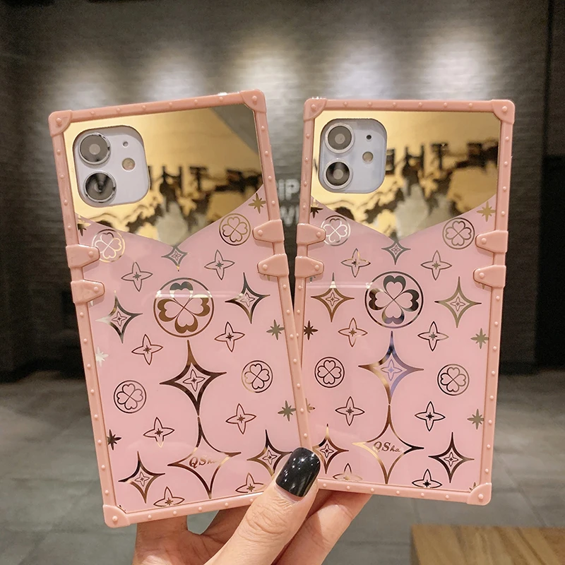 Luxury Square Cute Clover Pink Case For iPhone 12 11 Pro Max Soft Silicone Mirror Phone Cover For iPhone X XS Max XR 6S 7 8 Plus (2)