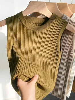 AOSSVIAO 2025 سترات نسائية محبوكة كورية بلوزات نسائية سادة برقبة دائرية Y2K بلوزات صيفية جديدة للسيدات بدون أكمام قطع علوية رفيعة غير رسمية 5