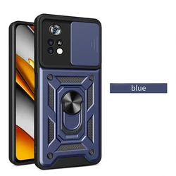 Enhanced Protective Armor Phone Case with Slide Camera Lens Guard and Car Holder Stand for Redmi K70 5G (Blue)