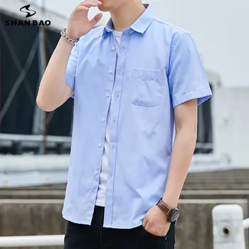 SHAN BAO Men s Casual Dress Short Sleeved Shirt Summer White Navy Grey Blue Male