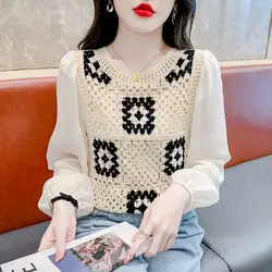 Fashion O-Neck Spliced Knitted Hollow Out Blouses Women's Clothing 2023 Autumn Winter Loose Casual Pullovers Commuter Shirts