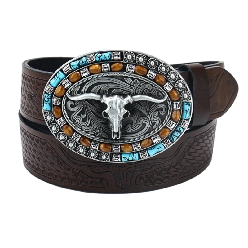 

Wear-Resistant Man Belt with Relief Bull Head Buckle Male Coat Trouser Waistband