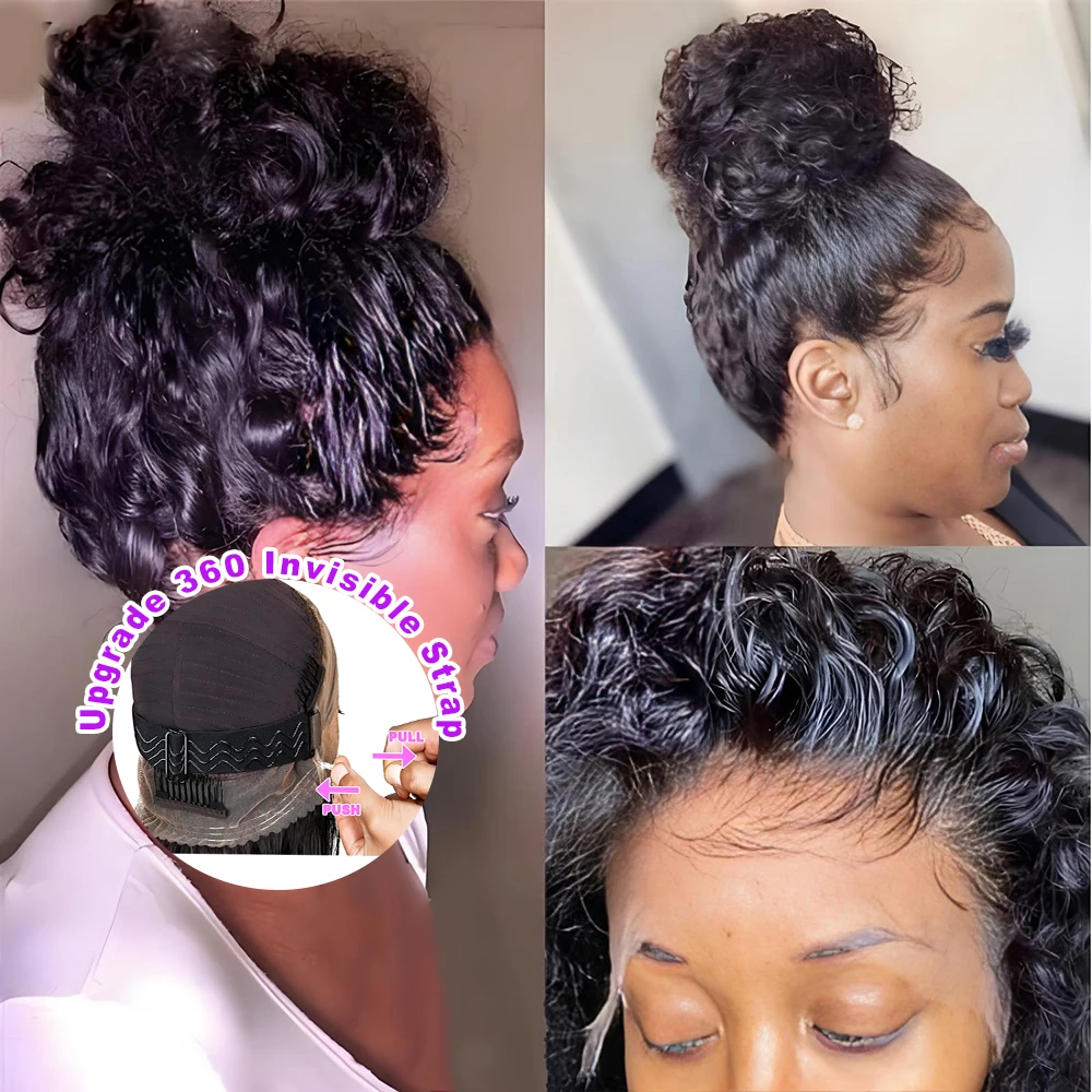 250 Density Invisi Strap 360 Full HD Lace Frontal Kinky Curly Wig Black Human Hair Drawstring Snug 30 inch Water Wig Glueless