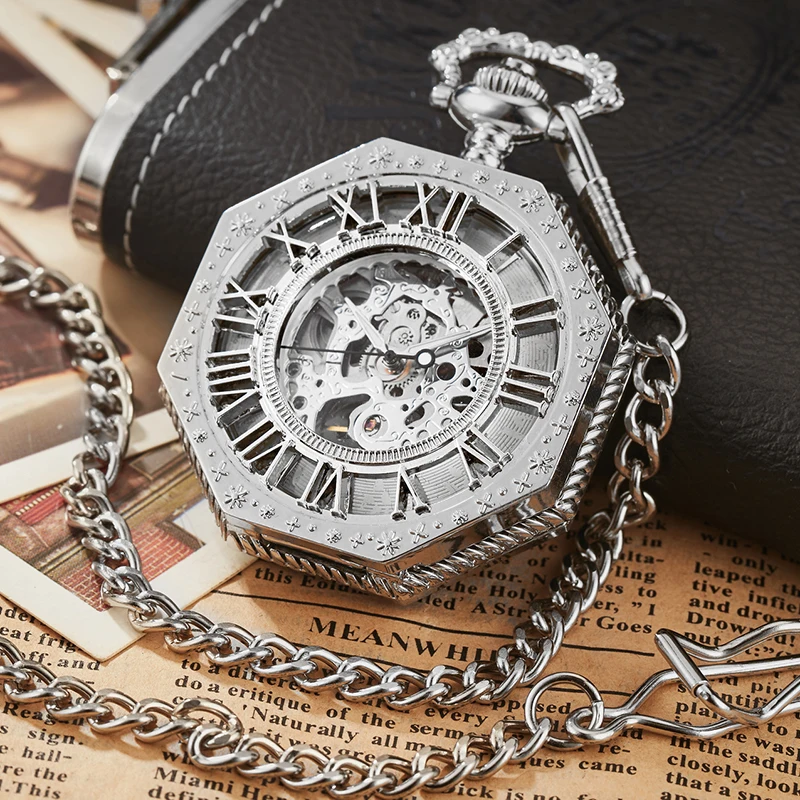 Octagon Round Clock Vintage Man Pocket Watch fob with chain Steampunk Hanging Chain Watches for Men Pendant retro reloj Pendant