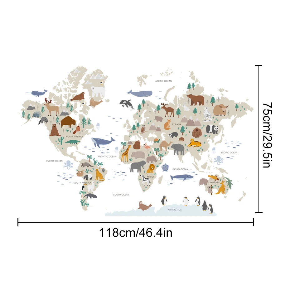 Large World Map Wall Stickers Cartoon Animals Wildlife Watercolor Kids Vinyl Nursery Art Decals for Babys Girls Room Home Decor