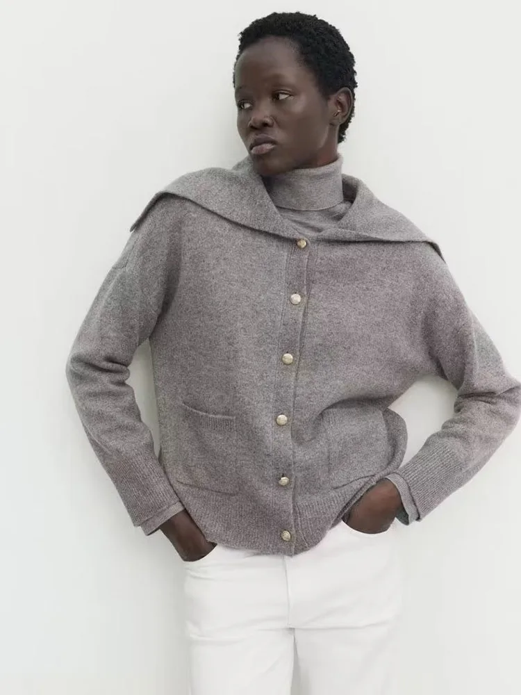

High quality gray MD 2023 autumn and winter new style navy style casual doll collar cardigan short coat for women