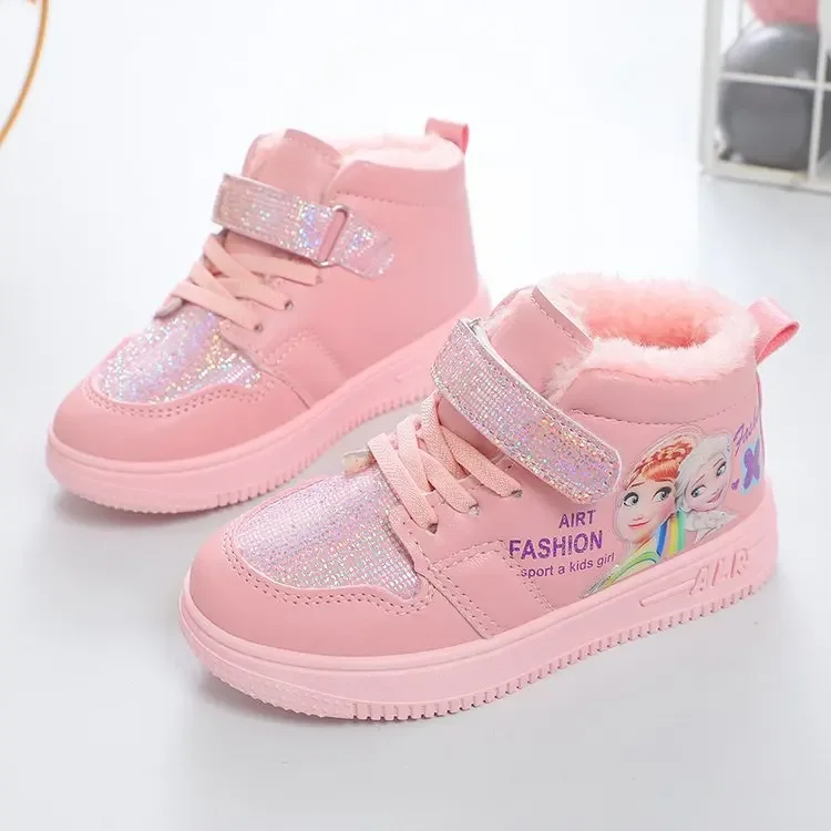 Disney Children's Casual Shoes Frozen Elsa Anna Girls Sports Sneakers Winter Warm Plush Cotton Shoes Student Sneakers Size 26-37