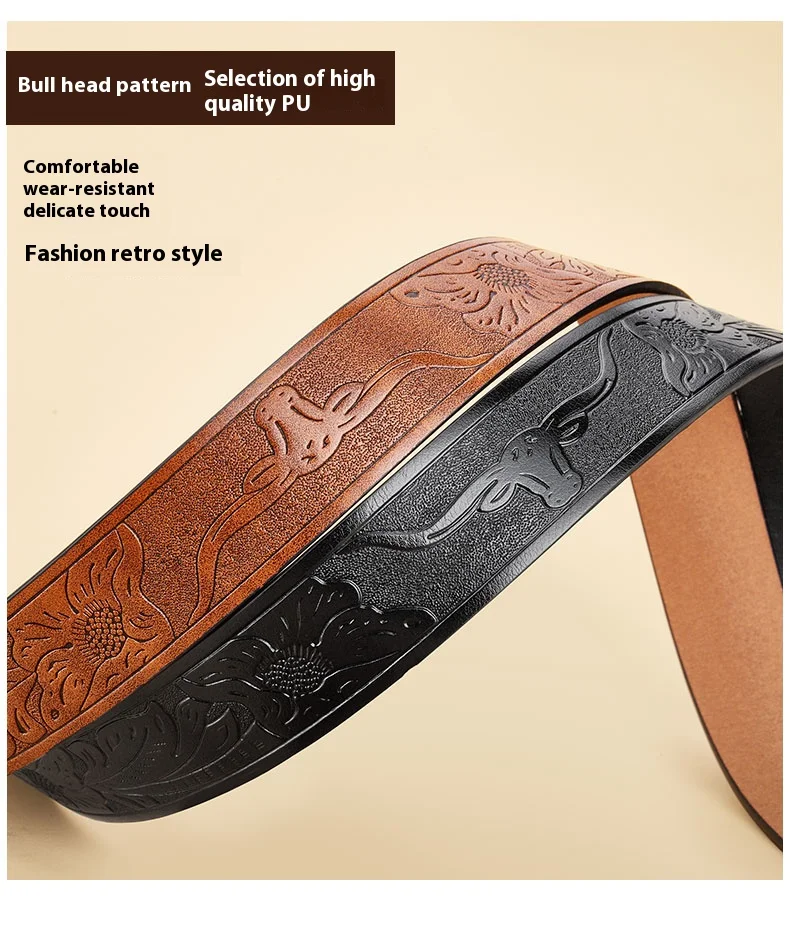 Western Cowboy PU-Ledergürtel – Herren-Hüftgurt, Stier-Dekoration, Blumenmuster, graviert für Jeans – Detail 5