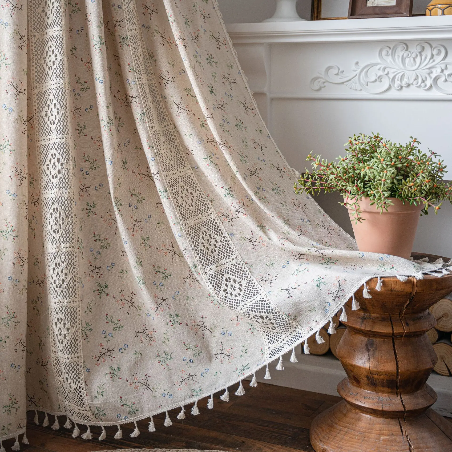 

American Country Style Polyester Linen Curtain with Crochet Sheer, Patchwork, Pattern Print - for Living Room, Bedroom, Divider