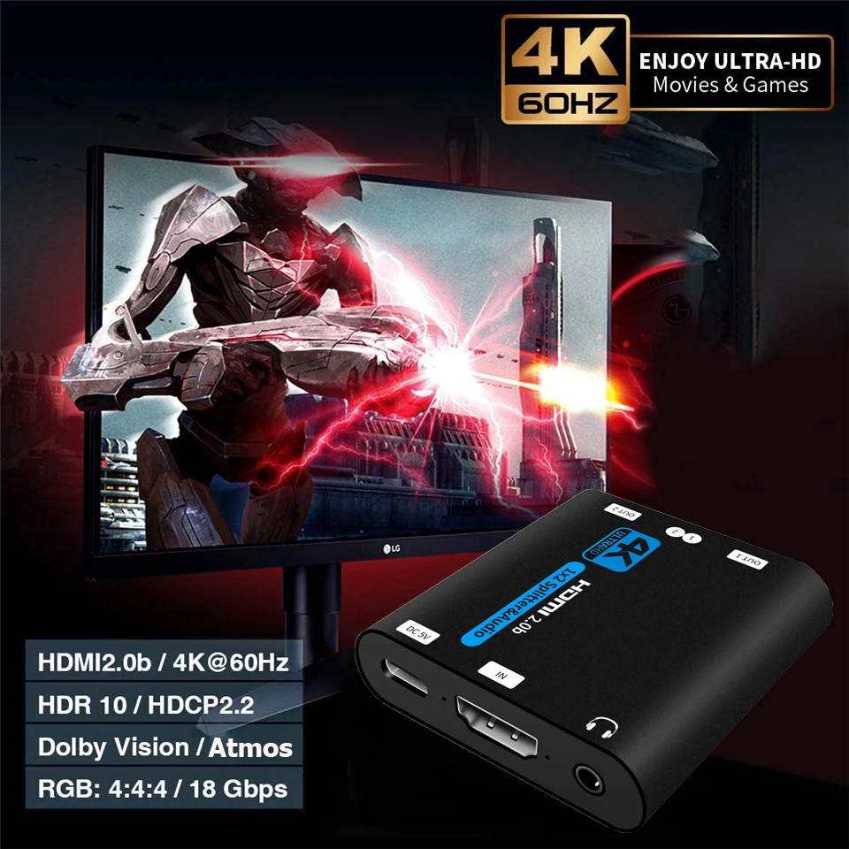 HDMI Switch 4x1 with Audio Extractor, 4K@60Hz Ultra HD HDMI Switcher with  Optical TOSLINK SPDIF, 3.5mm Audio Support ARC Function, 3D, 1080P @120Hz