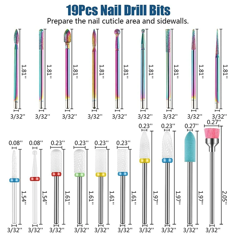 Advanced 19Pcs 3/32 Inch Electric Nail Drill Bits Sets, Diamond & Ceramic Cuticle Bits For Acrylic Gel Nails 6