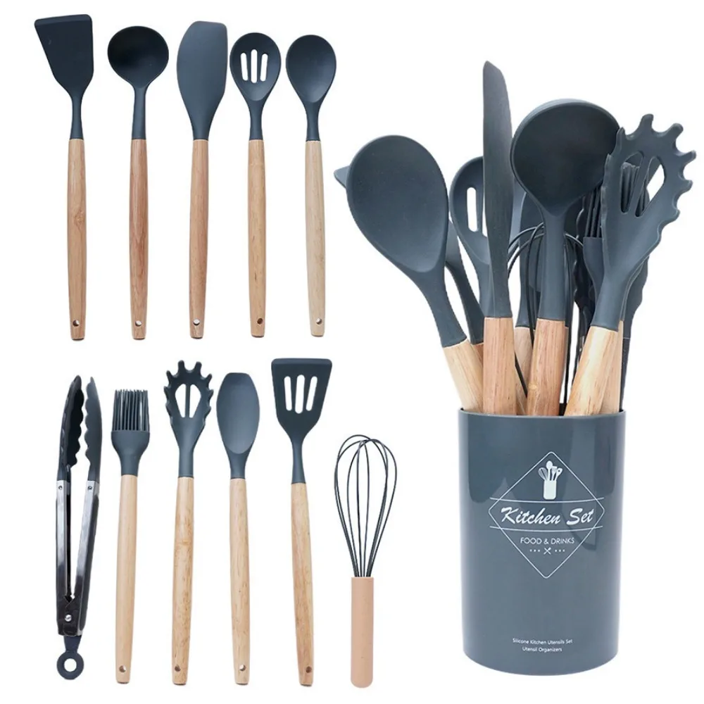 12/14Pcs/Set Heat-Resistant Kitchen Utensils Set Multi-functional Save Space Non-Stick Cookware Set Wooden Handle