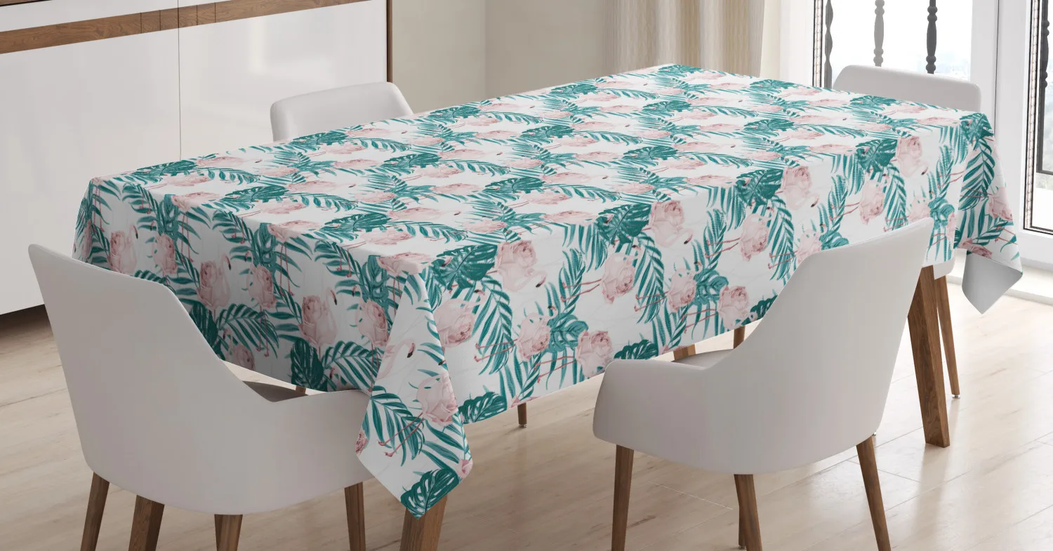 Flamingo Tablecloth Palm Leaves Rose Flowers Bird Printed Fabric Dining Table Cloth for Kitchen and Home Decoration | Дом и сад