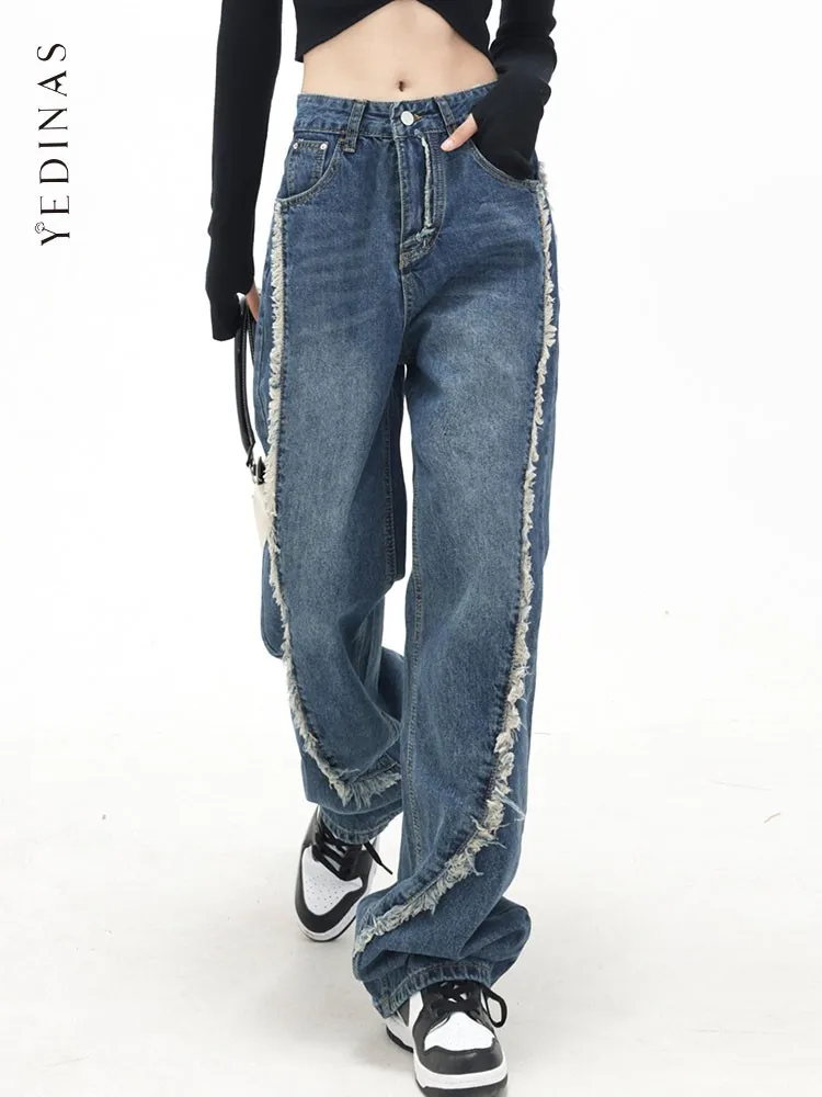 

Yedinas Straight Mom Jeans Women High Waist Streetwear Cotton Denim Pants Tassel Patchwork Y2k Jeans Trousers Female Korean