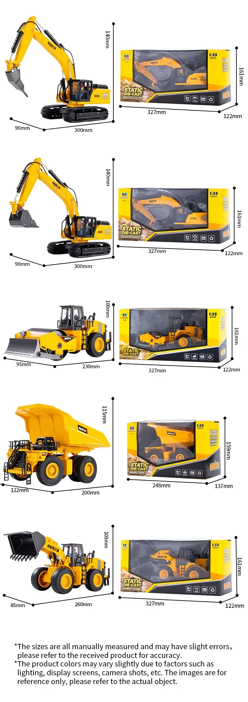Sf8af8d3979f2455cb7d05af65643f8a3K Huina Nowy produkt Statyczna koparka zrzutowa Symulacja pojazdu inżynieryjnego 1:35 Dekoracja zabawek dla dzieci Bez pilota