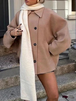 Women s Winter Oversized Wool Jacket with Batwing Sleeves and Lapel Collar Button Closure Solid Color Loose Fit Coat for Cold 1