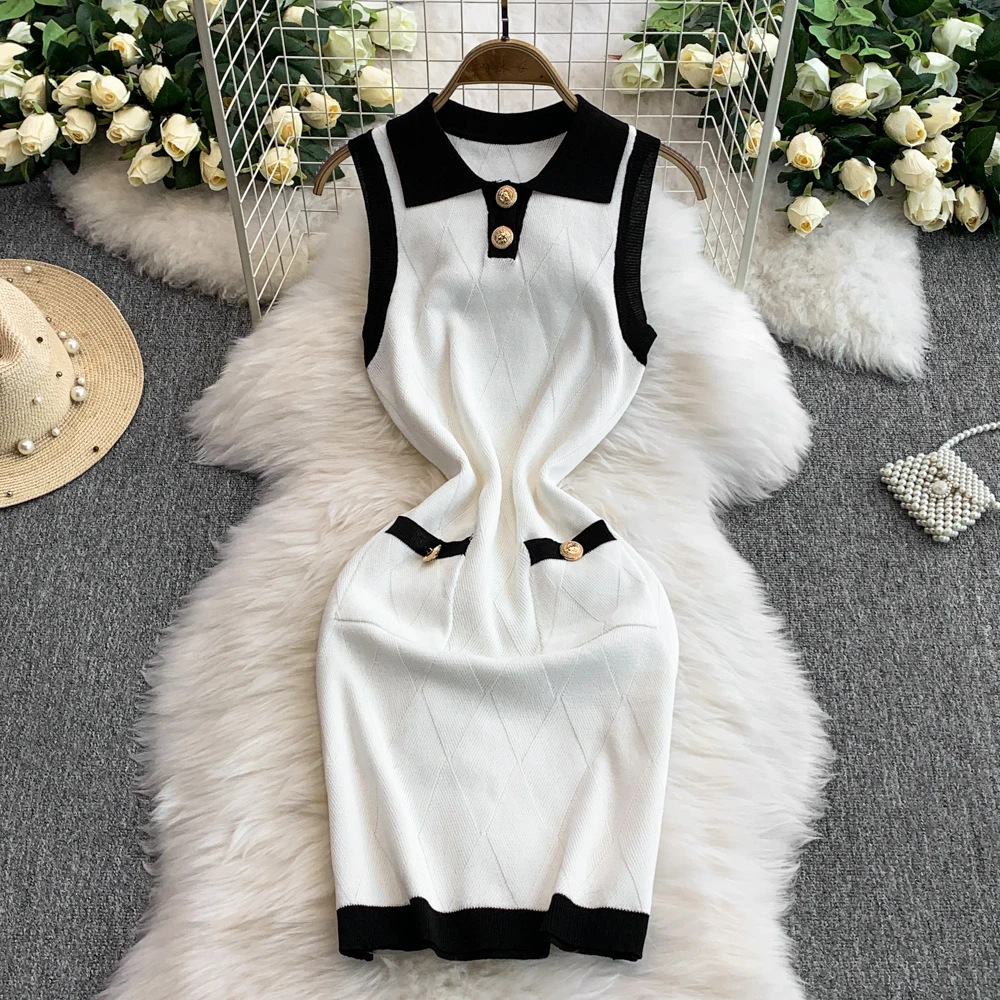 REALEFT Vintage Sleeveless Women's Knited Wrap Dresses 2025 New Spring Summer Polo Collar Buttons Sheath Pencil Dress for Womens