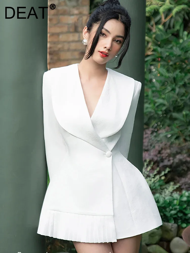 

DEAT Shawl Collar Dress Single Button White Spliced Pleated High Waist Women's Elegant Suit Dresses 2024 Spring New Fashion