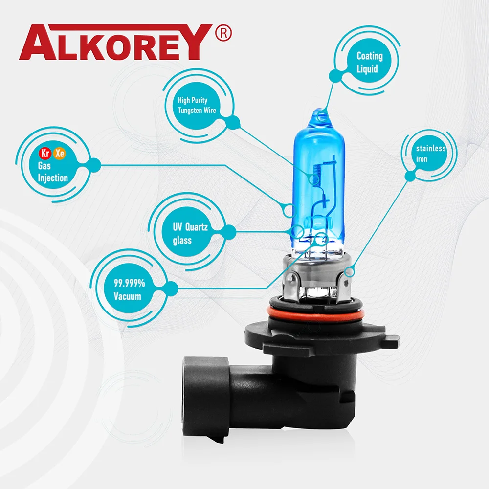 ALKOREY 슈퍼 화이트 쿼츠 유리 크세논 자동차 헤드라이트 램프, 할로겐 전구, 안개등, 자동차 전구, 9005 HB3, 12V, 65W, 5000K, 2 개