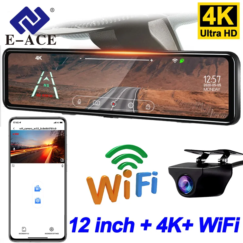 E-ACE palubní kamera 4k pro auto 12' auto video rekordér WIFI podpora 1080P zadní výhled kamera GPS dopravní prostředek černá skříňka auto přístrojová deska kamera