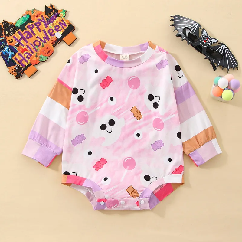 Halloween Newborn Baby Girls Bodysuit Ghost Eyeball Print Round Neck Long Sleeves Jumpsuit for Infant Toddler