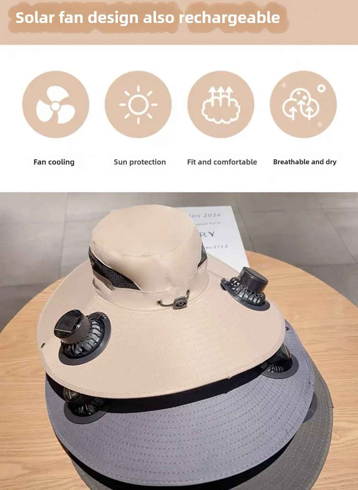 Large Quick Dry Bucket Hat with Solar Fan - USB Charging Sun Hat for Outdoor Activities