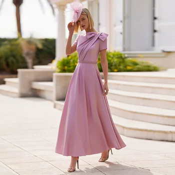 Abito per la madre della sposa personalizzato Elegante maniche corte Perline Perle Fiocco Una linea alla caviglia Abito da festa per donna ospite in raso