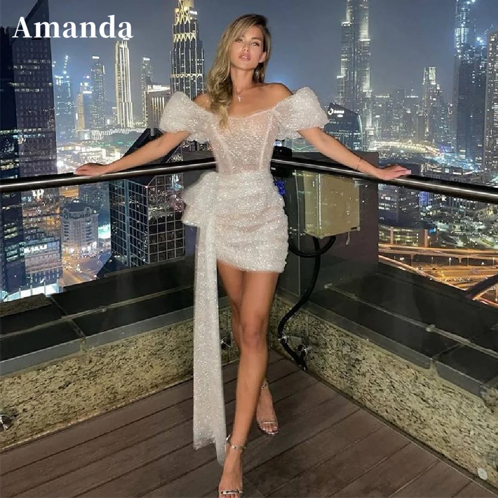 

Amanda Glitter Puffy Sleeve Gown Prom Dress Shiny Mini Party Dress Side Train Short Evening Dress Flashing Evening Dress