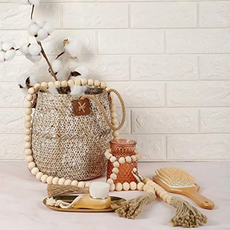 58インチ 木製ビーズガーランド 10個 ユーカリの茎 人工ユーカリの葉 ファームハウスビーズ 素朴な国 祈り ボーホービーズ ウェディングセンターピ 特大木製ビーズガーランド 直径1.6インチの木製ビーズ付き タッセル付き木製ビーズガーランド 装飾ビーズ ファームハウスビーズ ホームデコレーション  (ナチュラルベージュ、58インチ)