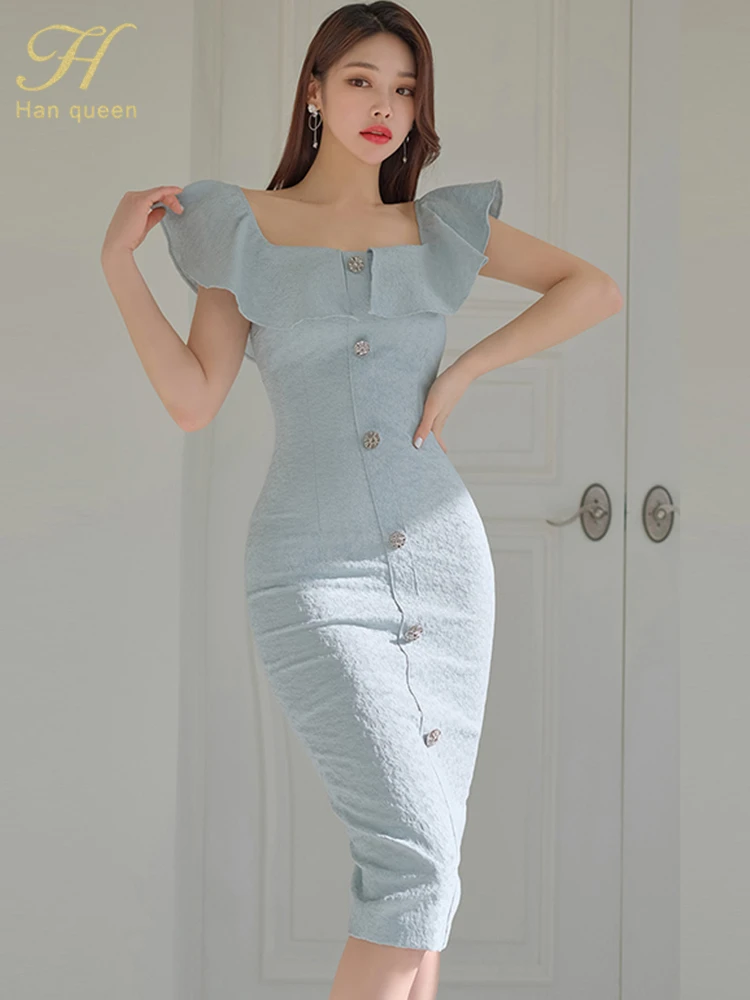 H Han Queen Simple Series 2023 Summer Slash Neck Ruffles Pencil Dress ...