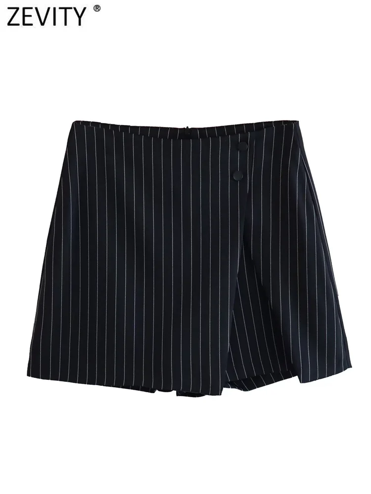 

ZEVITY 2023 Women Fashion Striped Print Split Buttons Mini Shorts Skirts Office Lady Zipper Business Slim Hot Pants Mujer P4420