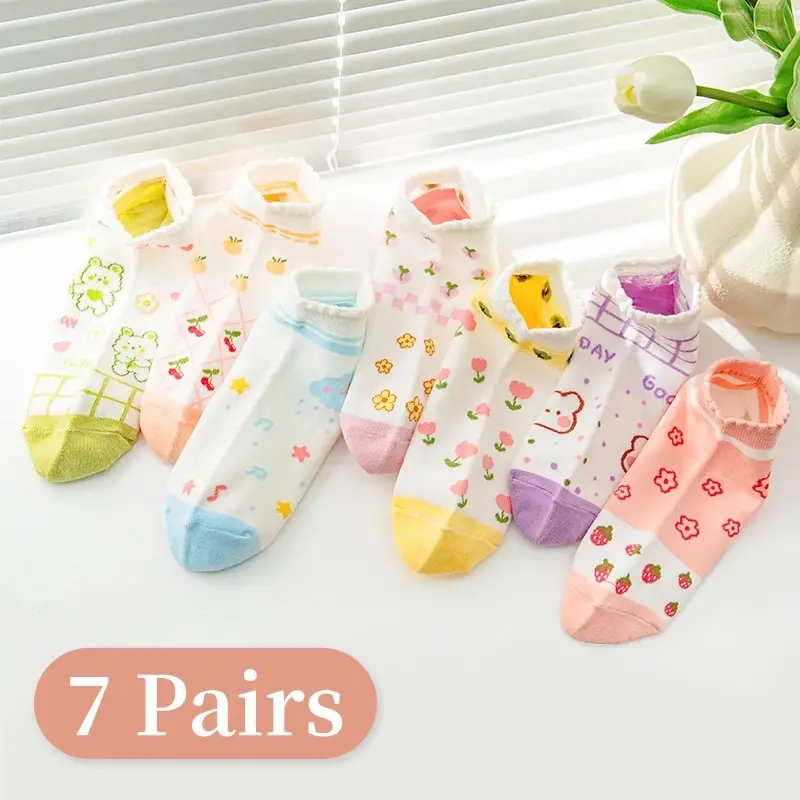 Womens Socks 7 Pairs Spring and Summer Four-season Floral Strawberry Cherry and Cartoon Bear