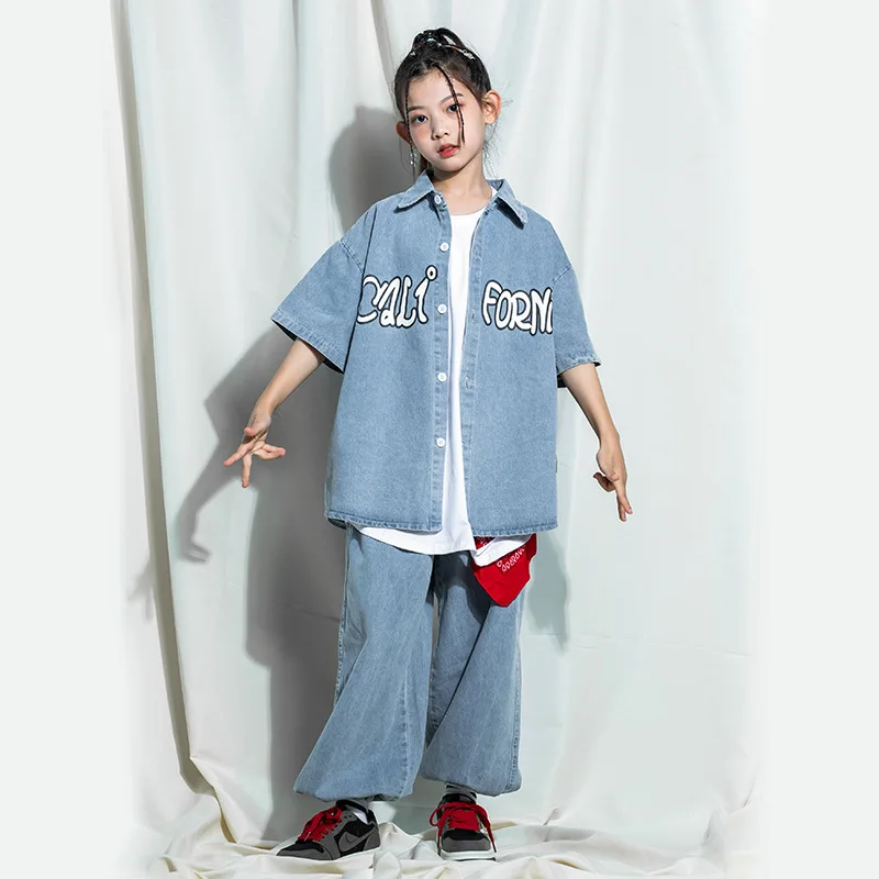 Kids Hip Hop Stage Outfit Ballroom Costumes for Girls Boys Jazz Dancewear Dancing Clothes Street Dance Wear Jeans Shirt Jogger