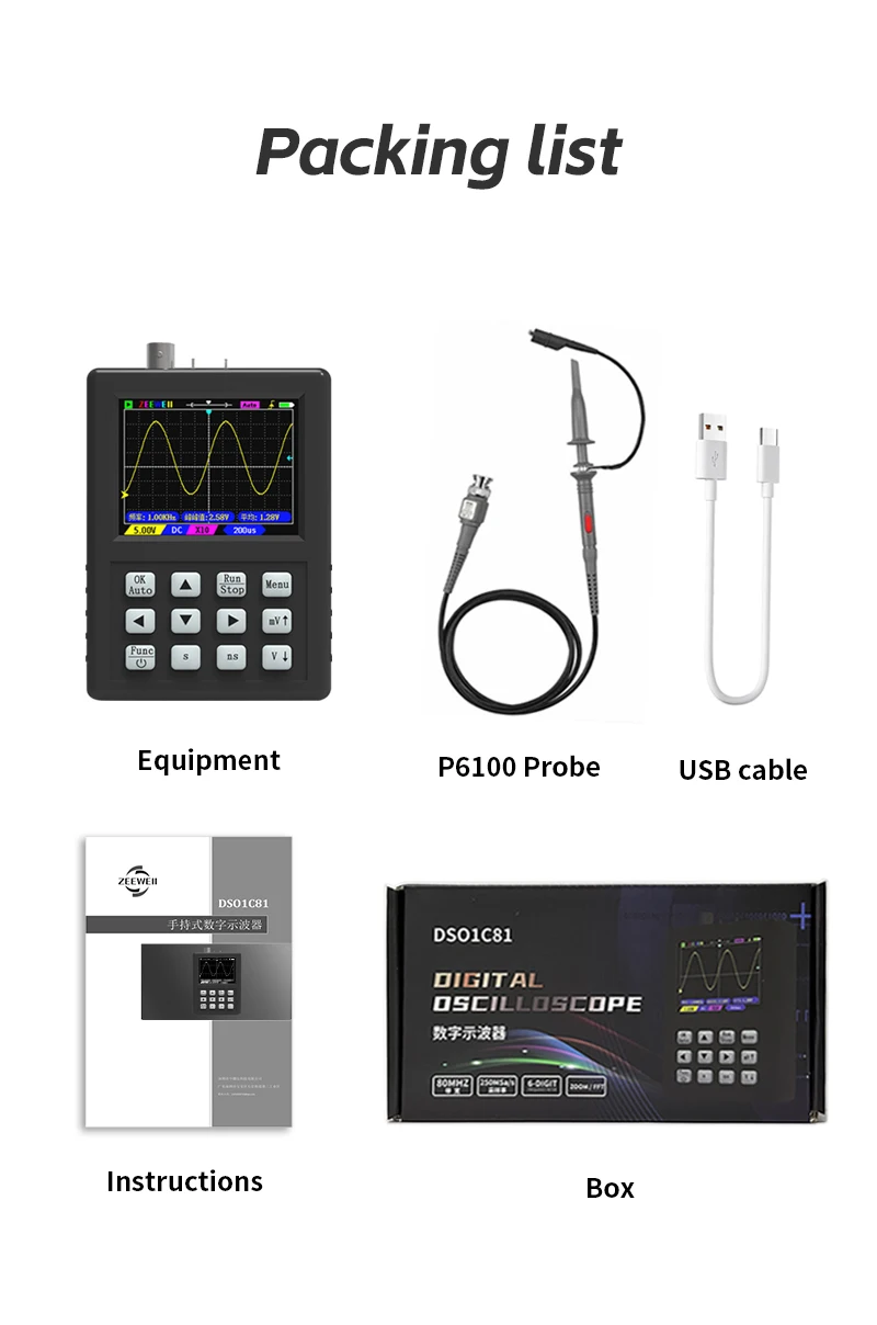 Frequency meter ZEEWEII DSO1C81 2.8 Inch Handheld Digital oscilloscope 100M Bandwidth Oscilloscope Signal generator