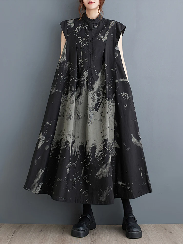 2025 Summer New Black Vintage Print Sleeveless Dresses For Women Stand Collar Loose Casual Long Dress Fashion Elegant Clothing
