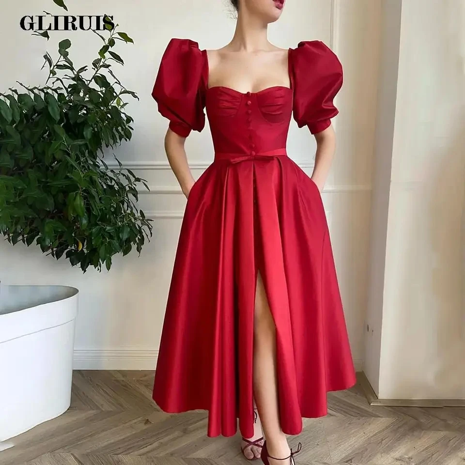 

Summer Red Satin Evening Dresses Sexy Sweetheart Women's Dress Draped Front Slit Short Sleeve Bows Party Gowns For 2022 Pleated