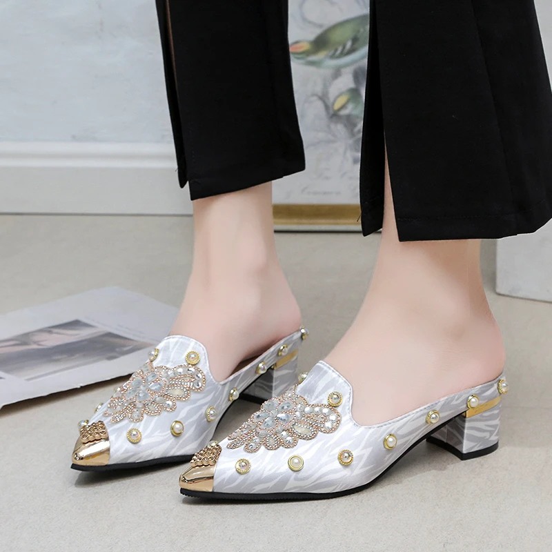 Zapatos planos de diseñador con espalda descubierta para mujer, mocasines sin cordones de cristal Foxy, punta estrecha, 2022 -