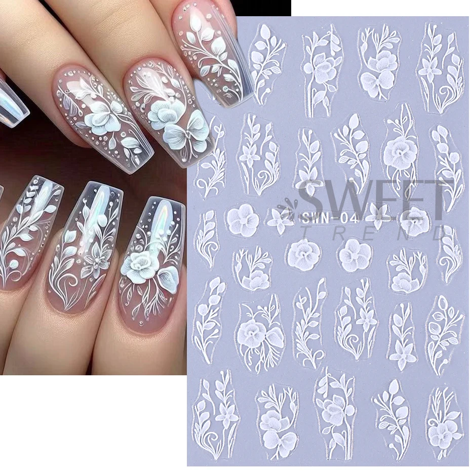 5D Embossed White Flower Nail Stickers Elegant Lace Rose Floral Petals Leaves DIY Self-Adhesive Decal Slider Manicure Decoration 3