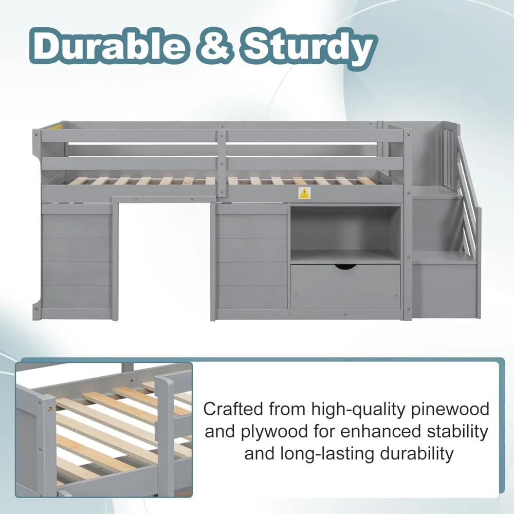 Children Beds, Twin Size Low Loft Bed with Playhouse Loft Bed Frame with Drawer, Stairs and Safety Guardrail for Teens 6